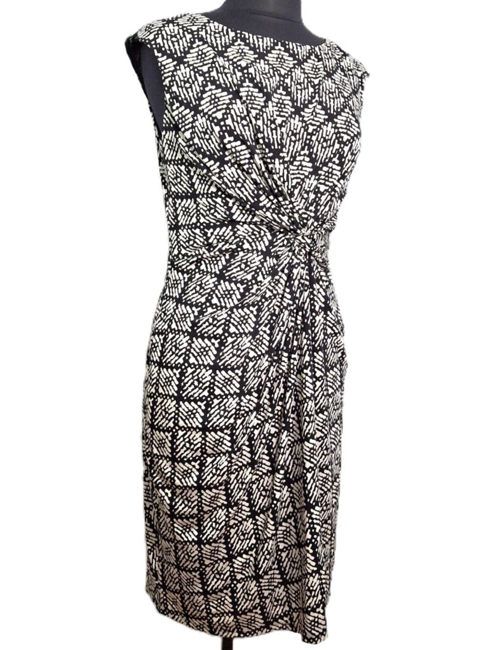 Jones Studio Sheath Dress Sz12 Black White Geometric Abstract Twist Front Lined